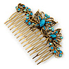 Vintage Inspired Teal Blue Swarovski Crystal 'Butterfly' Side Hair Comb In Antique Gold Tone - 105mm