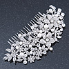 Statement Bridal/ Wedding/ Prom/ Party Rhodium Plated Clear Austrian Crystal, Glass Pearl Floral Side Hair Comb - 12cm Width