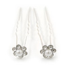 Bridal/ Wedding/ Prom/ Party Set Of 2 Clear Crystal, Pearl Daisy Flower Hair Pins In Silver Tone