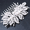 Bridal/ Wedding/ Prom/ Party Rhodium Plated Clear Crystal, Faux Pearl Leaves Side Hair Comb - 90mm Across