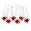 Bridal/ Wedding/ Prom/ Party Set Of 6 Clear Austrian Crystal Red Rose Flower Hair Pins In Silver Tone