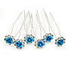 Bridal/ Wedding/ Prom/ Party Set Of 6 Clear Austrian Crystal Teal Blue Rose Flower Hair Pins In Silver Tone