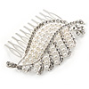 Clear Austrian Crystal, White Faux Pearl 'Leaf' Side Hair Comb In Rhodium Plating - 85mm