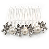 Medium Bridal/ Prom/ Wedding/ Party Rhodium Plated Faux Pearl, Clear Austrian Crystal Butterfly Side Hair Comb - 60mm Width