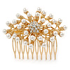 Bridal/ Wedding/ Prom/ Party Gold Plated Cluster White Simulated Pearl Bead and Austrian Crystal Hair Comb - 70mm