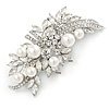 Bridal Wedding Prom Silver Tone Glass Pearl, CZ Floral Barrette Hair Clip Grip - 85mm W