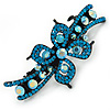 Bridal Wedding Prom Black Tone Teal/ Blue Diamante Flower Barrette Hair Clip Grip - 95mm Across