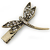 Vintage Inspired Clear Crystal Dragonfly Hair Beak Clip/ Concord Clip/ Clamp Clip In Bronze Tone - 50mm L