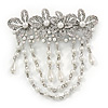 Rhodium Plated Clear Crystal, White Faux Pearl Floral Barrette Hair Clip Grip - 95mm Across