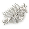 Bridal/ Wedding/ Prom/ Party Rhodium Plated Clear Austrian Crystal Faux Pearl Floral Side Hair Comb - 90mm