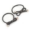 Two Piece Grey Bow with Gold Tone Bead Design Hair Elastic Set/ Ideal For School