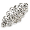 Bridal Wedding Prom Silver Tone Filigree Diamante Floral Barrette Hair Clip Grip - 80mm Across