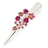 Medium Pink Crystal, Triple Rose Hair Beak Clip/ Concord/ Alligator Clip In Silver Tone - 75mm L