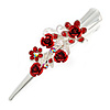 Medium Red Crystal, Rose Floral Hair Beak Clip/ Concord/ Alligator Clip In Silver Tone - 75mm L