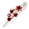 Medium Red Crystal, Rose Floral Hair Beak Clip/ Concord/ Alligator Clip In Silver Tone - 75mm L