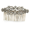 Vintage Inspired Clear Austrian Crystal Flowers and Twirls Side Hair Comb In Antique Gold Tone - 85mm