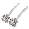 2 Bridal/ Prom Clear Crystal Flower Hair Grips/ Slides In Rhodium Plating - 60mm Across