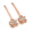 2 Bridal/ Prom Clear Crystal Flower Hair Grips/ Slides In Rose Gold Tone - 60mm Across
