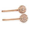 2 Bridal/ Prom Clear Crystal, White Glass Pearl Button Hair Grips/ Slides In Rose Gold Tone Metal - 60mm L
