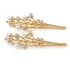 2 Bridal/ Prom Clear Crystal, Pearl Floral Hair Grips/ Slides In Gold Plating - 70mm L