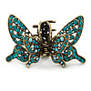 Vintage Inspired Teal Crystal Butterfly with Mobile Wings Hair Claw In Antique Gold Tone - 85mm Across