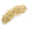 Bright Gold Tone Matt Diamante Leaf Barrette Hair Clip Grip - 80mm Across