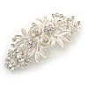 Large Bright Silver Tone Matt Diamante Rose Flower Barrette Hair Clip Grip - 95mm Across