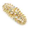 Large Bright Gold Tone Matt Diamante Faux Pearl Leaf Barrette Hair Clip Grip - 90mm Across
