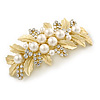 Large Matte Gold Tone Diamante Faux Pearl Floral Barrette Hair Clip Grip - 90mm Across