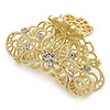 Medium Clear Crystal Floral Filigree Hair Claw In Matte Gold Tone - 70mm Across