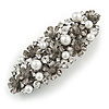 Vintage Inspired White Faux Pearl, Clear Crystal Floral Barrette Hair Clip Grip In Gunmetal Finish - 85mm Across