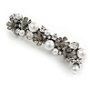 Vintage Inspired White Faux Pearl, Clear Crystal Floral Barrette Hair Clip Grip In Gunmetal Finish - 85mm Across