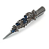 Large Dim Grey/ Midnight Blue Austrian Crystal Floral Hair Beak Clip/ Concord Clip In Black Tone - 13cm Length