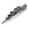 Large Dim Grey/ Midnight Blue Austrian Crystal Floral Hair Beak Clip/ Concord Clip In Black Tone - 13cm Length