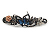 Vintage Inspired Midnight Blue Crystal Butterfly And Pink Rose Barrette Hair Clip Grip In Aged Silver Finish - 85mm Across