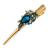 Long Vintage Inspired Gold Tone Teal Blue/ Ab Crystal Floral Hair Beak Clip/ Concord/ Crocodile Clip - 13.5cm L