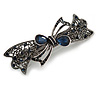 Large Vintage Inspired Midnight Blue Crystal Bow Barrette Hair Clip Grip In Aged Silver Finish - 95mm Across