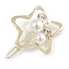 Gold Tone White Glass Pearl Bead Clear Crystal Open Star Hair Slide/ Grip - 45mm Across