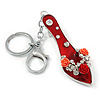 Rhodium Plated Red Enamel High Heel Shoe With Crystals And Roses Keyring/ Bag Charm - 16cm L