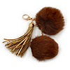 Chocolate Brown Faux Fur Pom-Pom and Light Gold Metallic Faux Leather Tassel Gold Tone Key Ring/ Bag Charm - 21cm L