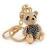 Hematite/ Clear Crystal Royal Teddy Bear Keyring/ Bag Charm In Gold Tone Metal - 10cm L