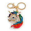 Clear Crystal, Multicoloured Enamel Unicorn Keyring/ Bag Charm In Gold Tone Metal - 10cm L