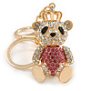 Pink/ Clear Crystal Royal Teddy Bear Keyring/ Bag Charm In Gold Tone Metal - 10cm L