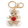 Clear/ Red Crystal White Enamel Teddy Bear Keyring/ Bag Charm In Gold Tone Metal - 10cm L