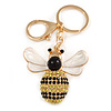 Yellow/ Black Crystal, White/ Black Enamel Bee Keyring/ Bag Charm In Gold Tone Metal - 9cm L