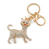 Clear Crystal White Enamel Cat Keyring/ Bag Charm In Gold Tone - 9cm L