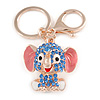 Blue Crystal Pink/ White Enamel Baby Elephant Keyring/ Bag Charm In Gold Tone Metal - 8cm L