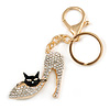 Clear Crystal High Heel Shoe With Black Enamel Cat Motif Keyring/ Bag Charm In Gold Tone Metal - 10cm L