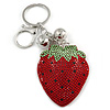 Red/ Green/ Black Crystal Strawberry Keyring/ Bag Charm In Silver Tone Metal - 11cm L