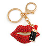 Sexy Red Crystal, Black Enamel Lips and Lipstick Keyring/ Bag Charm In Gold Tone Metal - 7cm L